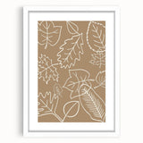 Abstract art print of autumn colors in a white frame, ideal for dining room decor.