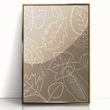 Mid-century modernist art of an autumn scene, in rich gold and orange tones on framed acrylic.