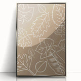 Mid-century modernist art depicting an abstract fall scene in warm orange and brown tones on a framed acrylic panel.