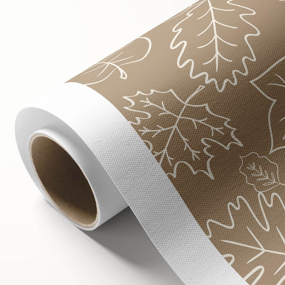 Art deco poster of autumnal trees on rolled canvas, in muted orange and brown shades, ideal for nursery wall art.