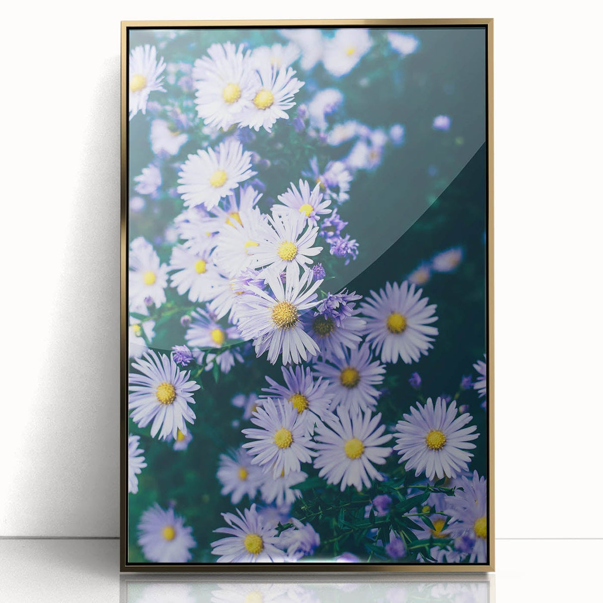 Large art print of a mid-century modernist spring scene in pastel shades on framed acrylic, suitable for nursery wall art.