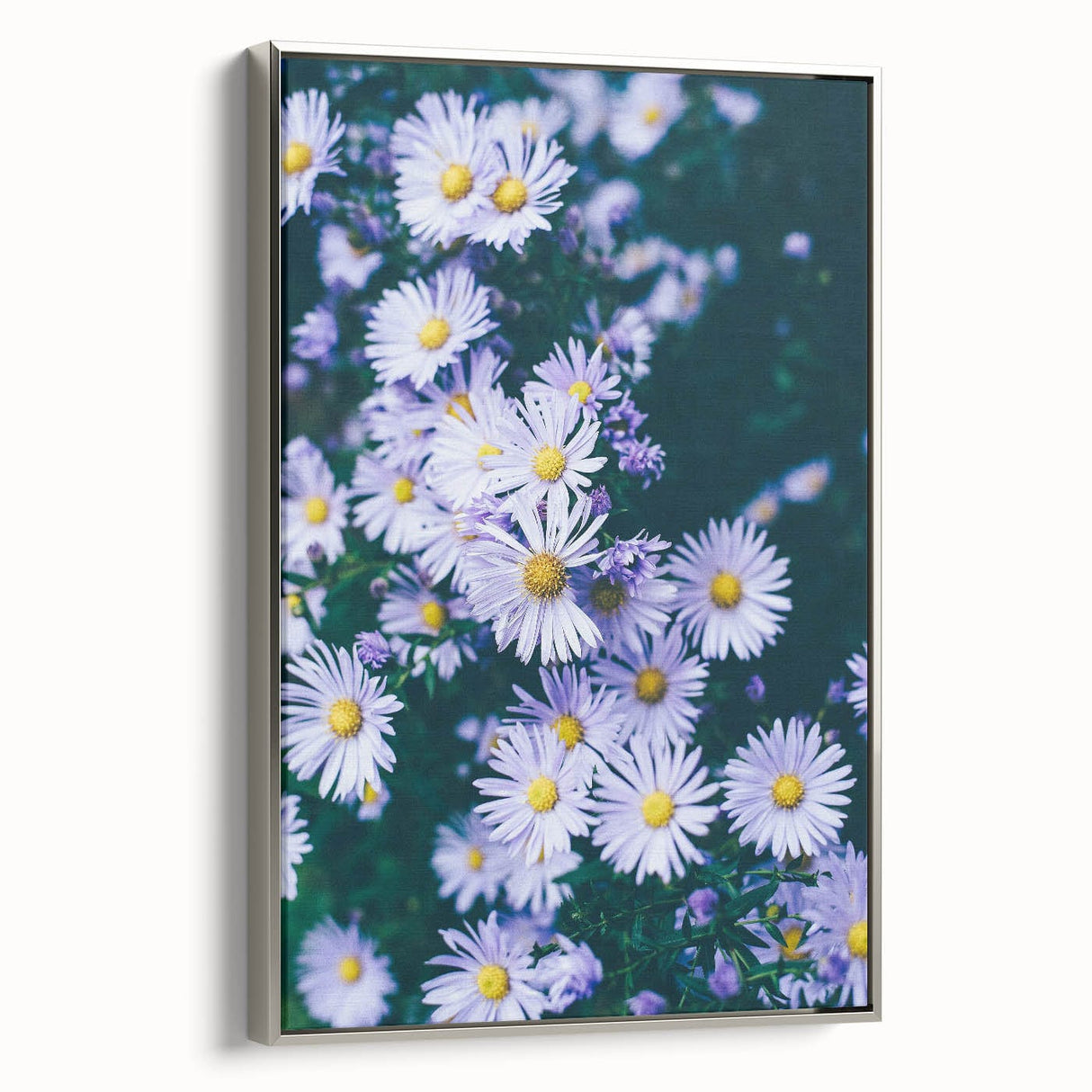 Side view of a framed canvas featuring a vintage-style landscape art painting of spring, with colorful and black elements.
