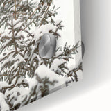 Large abstract wall art depicting a winter scene in muted blue and white tones on acrylic glass, ideal for dining room art.