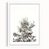 Abstract art print depicting a winter scene in muted blue and white tones on a framed canvas, suitable for dining room decor.