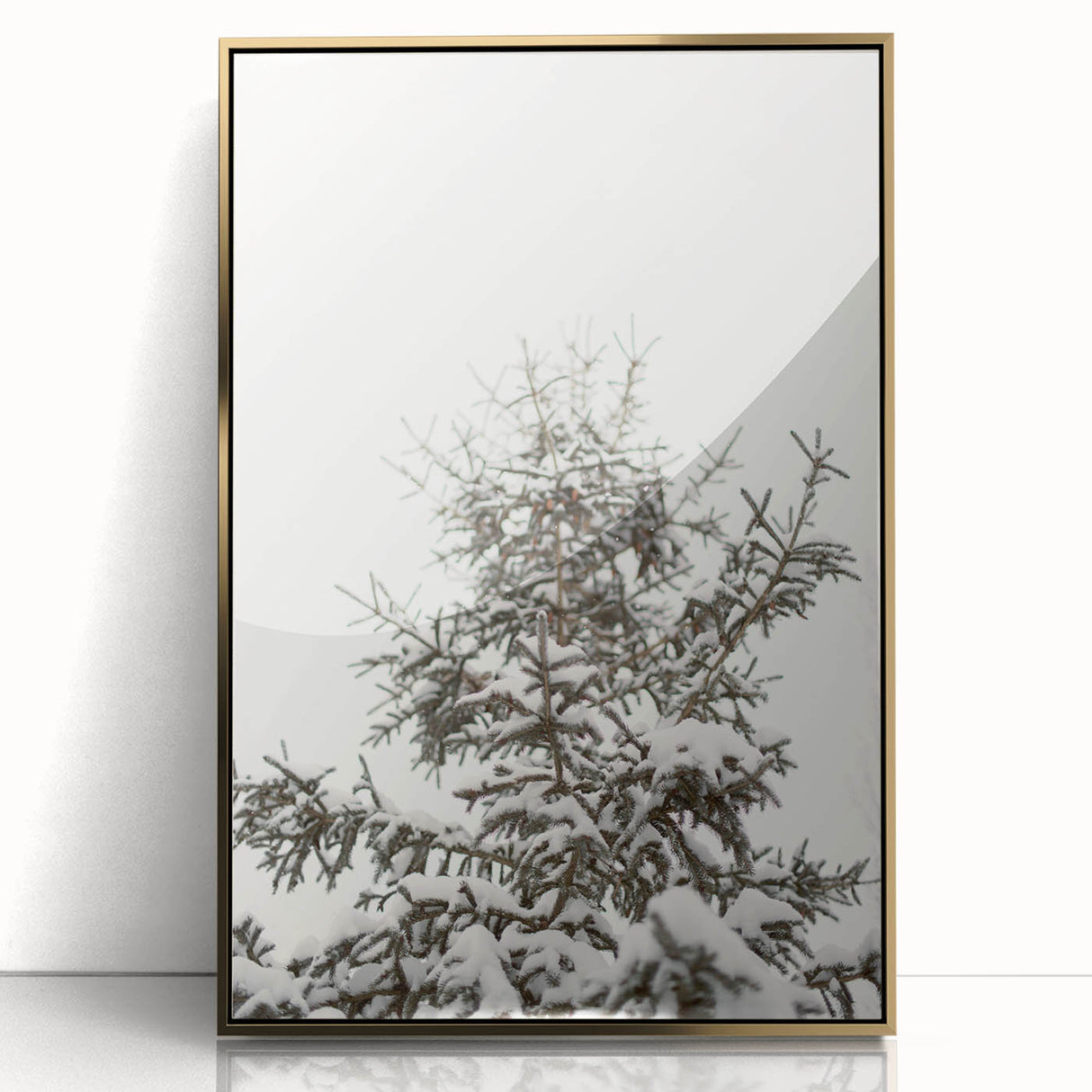 Mid-century modernist winter scene in muted blues and whites on framed acrylic, ideal for modern nursery wall art.