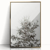 Mid-century modernist winter scene in muted blues and whites on framed acrylic, ideal for modern nursery wall art.