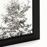 Close-up of extra large black wall art featuring a textured winter scene on framed canvas, ideal for living room decor.