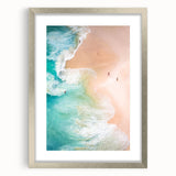 Textured abstract art print in cool gray and blue tones, framed in silver, ideal for modern bedroom ambiance.