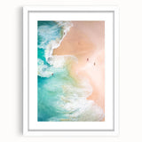 Abstract art print featuring swirling blue and green tones on a white framed canvas, ideal for dining room decor.