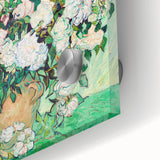 Close-up of a large abstract wall art piece on acrylic, featuring swirling blue and yellow tones.