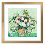 Extra large abstract art print of swirling blue and yellow patterns on a textured canvas, framed in gold.