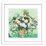 Abstract art print depicting swirling patterns in vibrant blue and yellow on a white framed canvas.