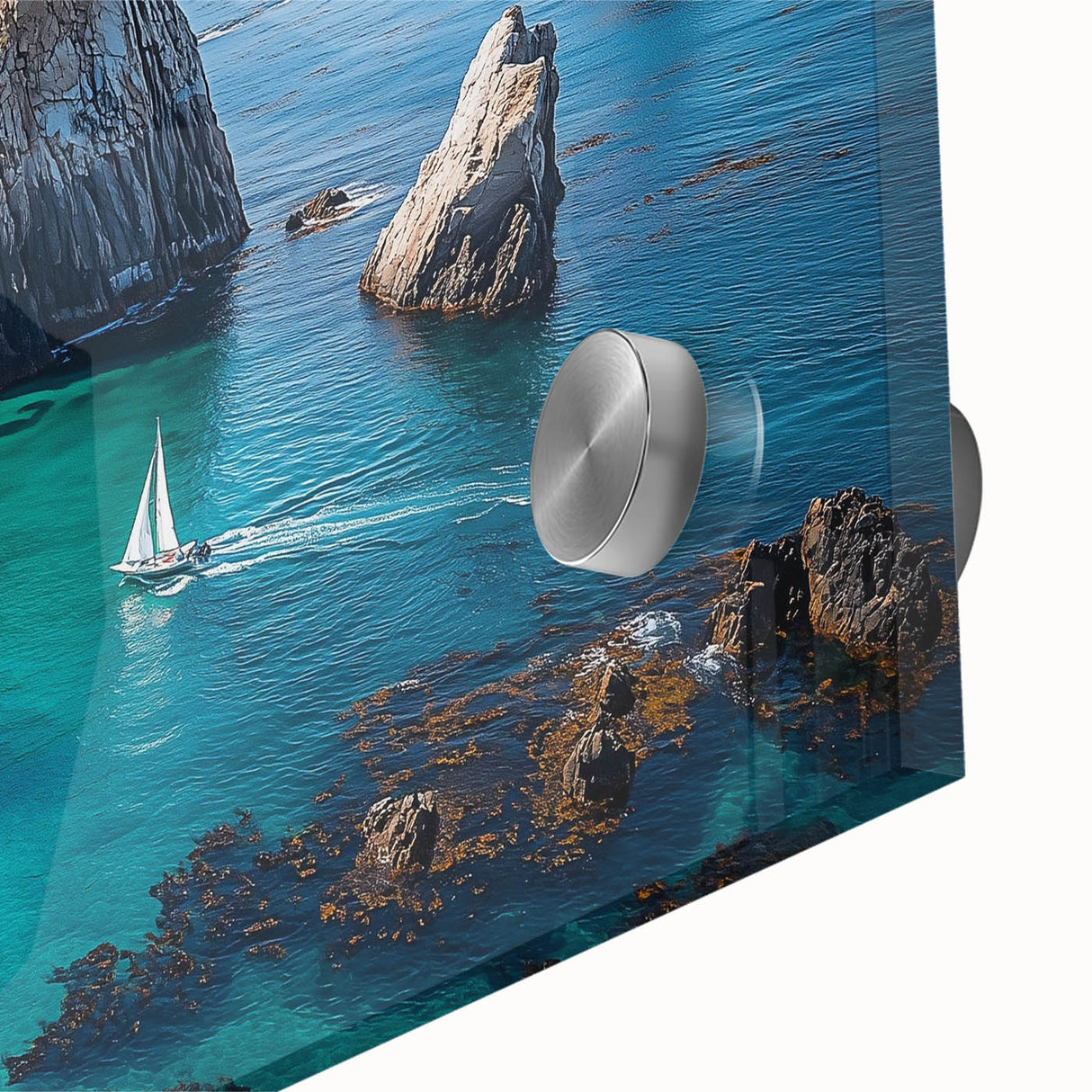 Close-up of an acrylic landscape artwork showcasing vibrant cliffs with intricate details, perfect for modern home decor. Ideal for art enthusiasts seeking bold, colorful designs.