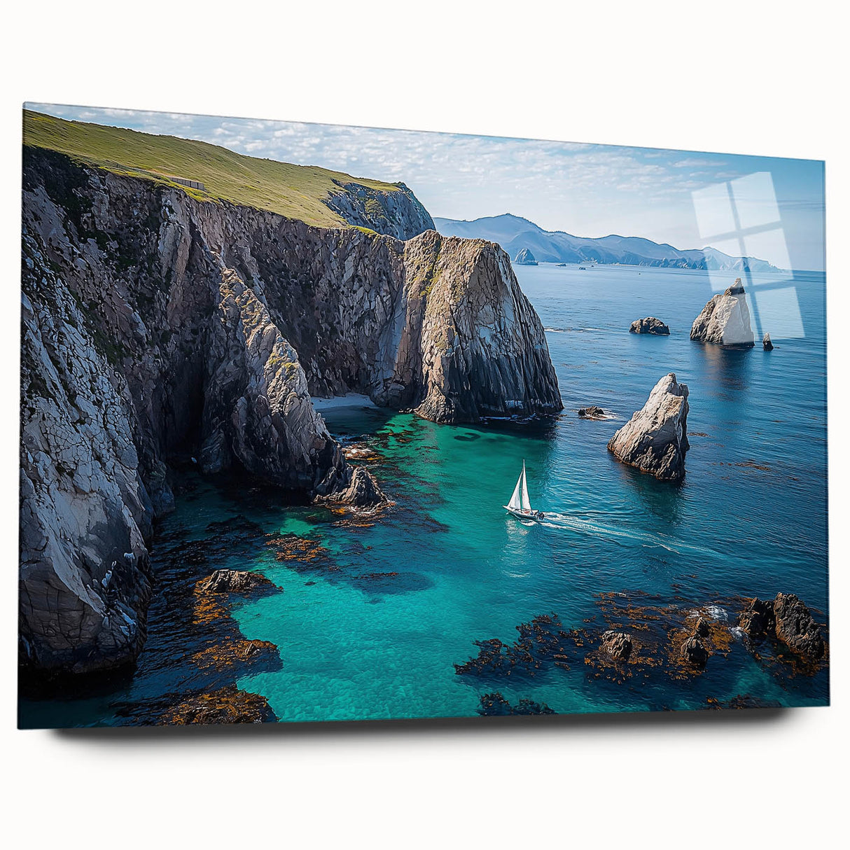 Acrylic glass landscape artwork showcasing dramatic cliffs in vibrant colors, viewed from the side, designed to enhance modern decor with a sleek finish.