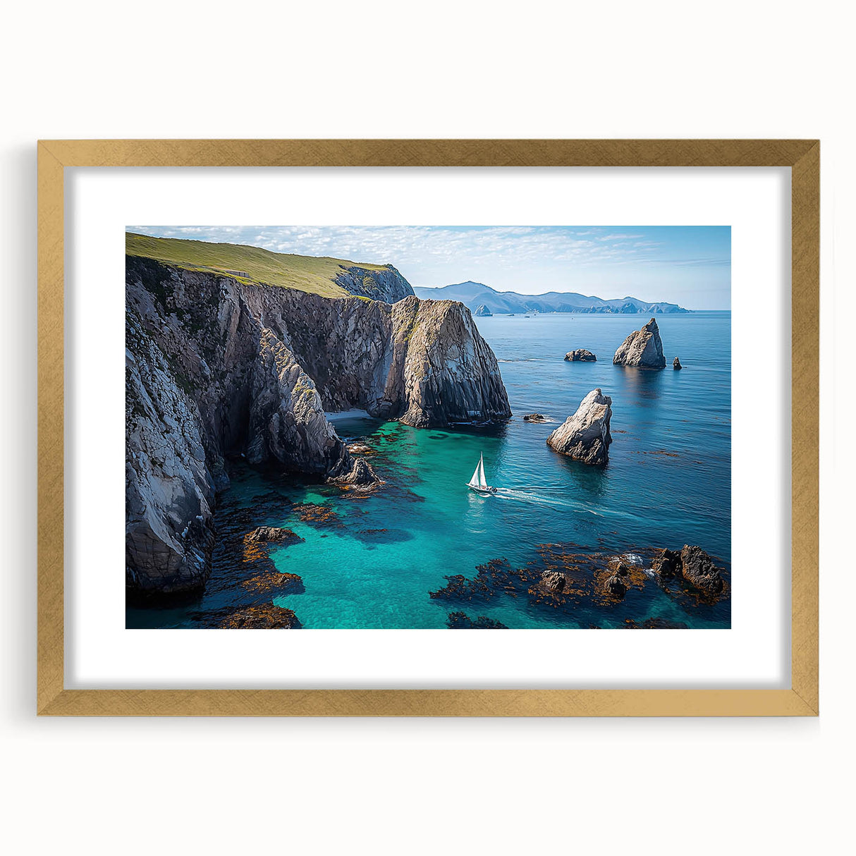Framed landscape artwork depicting dramatic cliffs in vibrant colors, accented with a gold mat, ideal for enhancing home decor and adding elegance to any space.