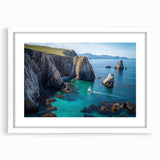 Framed landscape artwork showcasing majestic cliffs in vibrant colors, set against a clean white mat, ideal for enhancing home decor aesthetics.