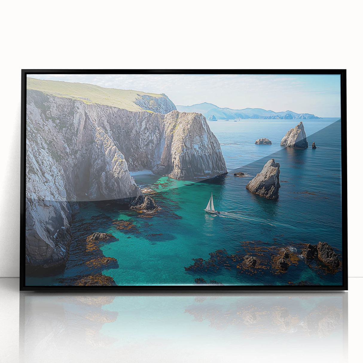 Framed acrylic artwork depicting dramatic cliffs in a serene landscape, featuring a black frame, perfect for enhancing modern home decor with nature-inspired aesthetics.
