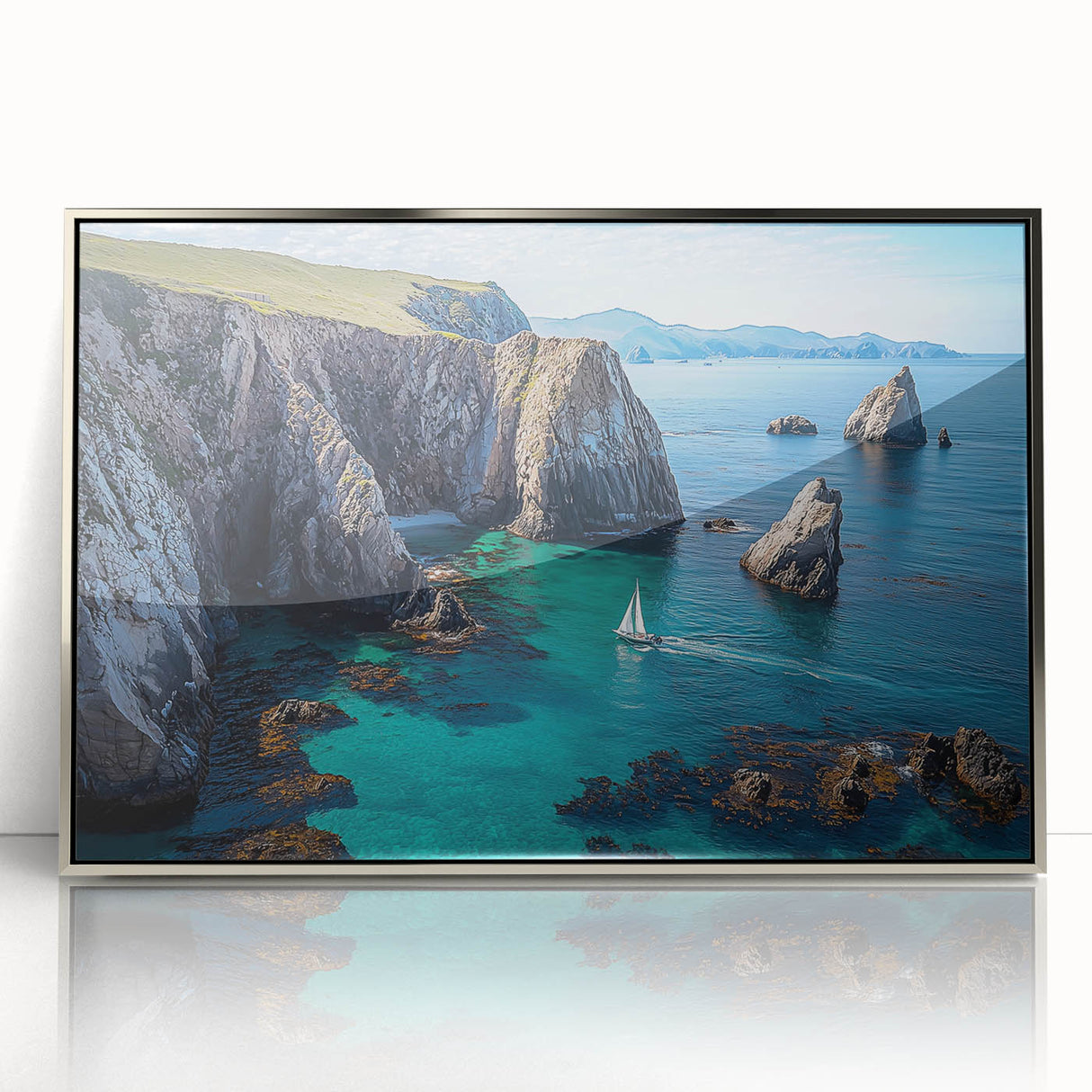 Framed acrylic artwork depicting a stunning landscape with dramatic cliffs and vibrant colors, designed to enhance modern home decor. Ideal for nature lovers.