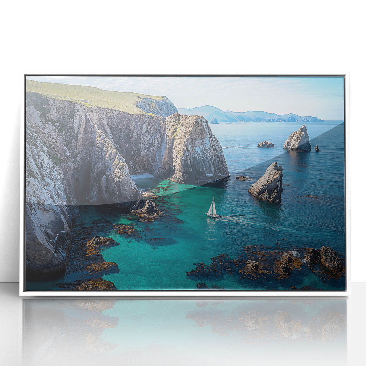 Framed acrylic artwork showcasing a dramatic landscape of cliffs, featuring vibrant colors and intricate details, ideal for modern home decor or office spaces.