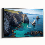 Framed canvas artwork depicting dramatic landscapes with cliffs, showcasing rich colors and textures, ideal for modern home decor. Black frame adds elegance.