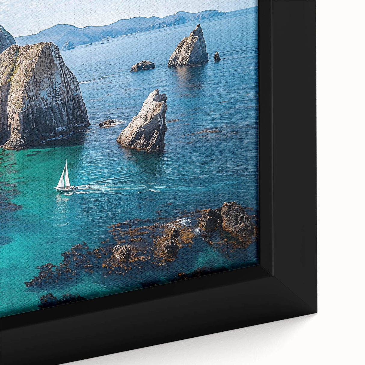 Framed canvas artwork showcasing a stunning landscape featuring rugged cliffs and vibrant colors, ideal for enhancing home decor with natural beauty.