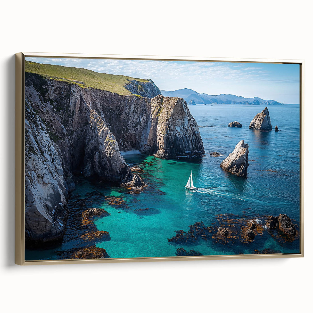 Framed canvas artwork depicting a stunning cliff landscape with rich textures and vibrant colors, featuring a luxurious gold frame that enhances its elegance.