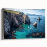Framed canvas artwork depicting a scenic landscape of dramatic cliffs, showcasing a silver side view finish, ideal for modern home decor and art enthusiasts.