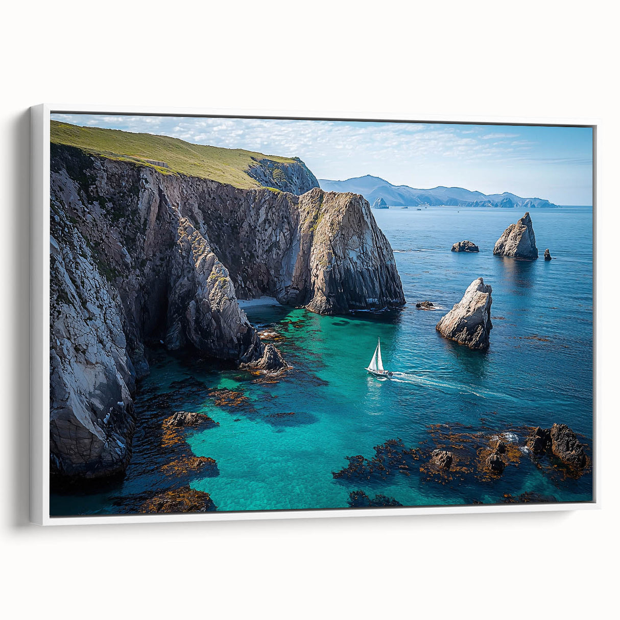 Framed canvas artwork depicting dramatic cliffs in a landscape scene, showcasing vibrant colors and intricate details, perfect for enhancing home decor.