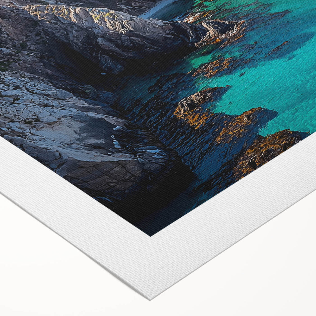 Stunning rolled canvas artwork depicting vibrant landscapes with dramatic cliffs and lush greenery, showcasing a natural scene perfect for home decor.