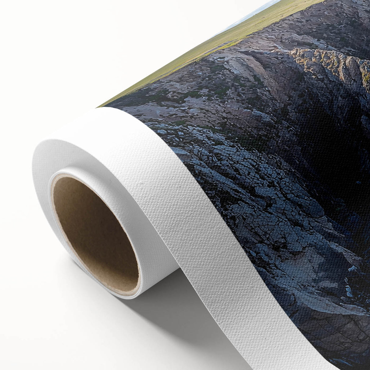 Cliffs landscape rolled canvas artwork showcasing vibrant colors and dramatic rock formations, beautifully packaged for easy display and protection.