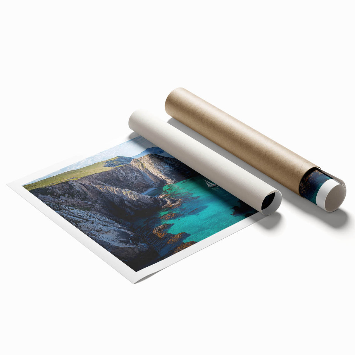 Stunning landscape print of dramatic cliffs at sunset, showcasing vibrant colors and intricate details, rolled securely in a protective cardboard tube for easy shipping.