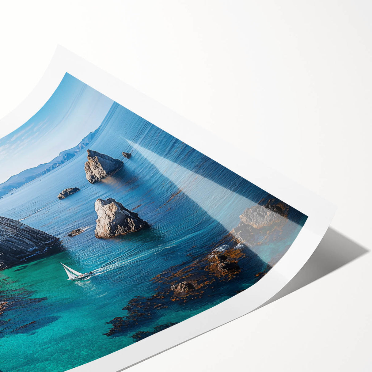 Stunning rolled canvas print showcasing a dramatic landscape of towering cliffs under a vibrant sunset, elegantly packaged in a protective cardboard tube for delivery.
