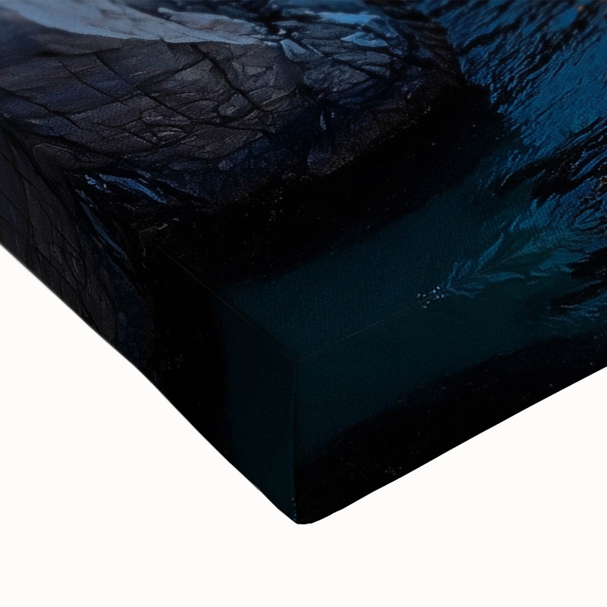 Close-up of a vibrant stretched canvas depicting dramatic cliffs and landscapes, showcasing rich colors and textures, ideal for home decor and art enthusiasts.