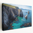 Stretched canvas artwork depicting dramatic cliffs and landscapes in vibrant colors, showcasing a side view for a striking visual impact, perfect for home decor.