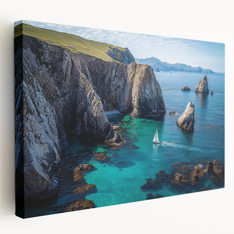 Stretched canvas artwork depicting dramatic cliffs and landscapes in vibrant colors, showcasing a side view for a striking visual impact, perfect for home decor.