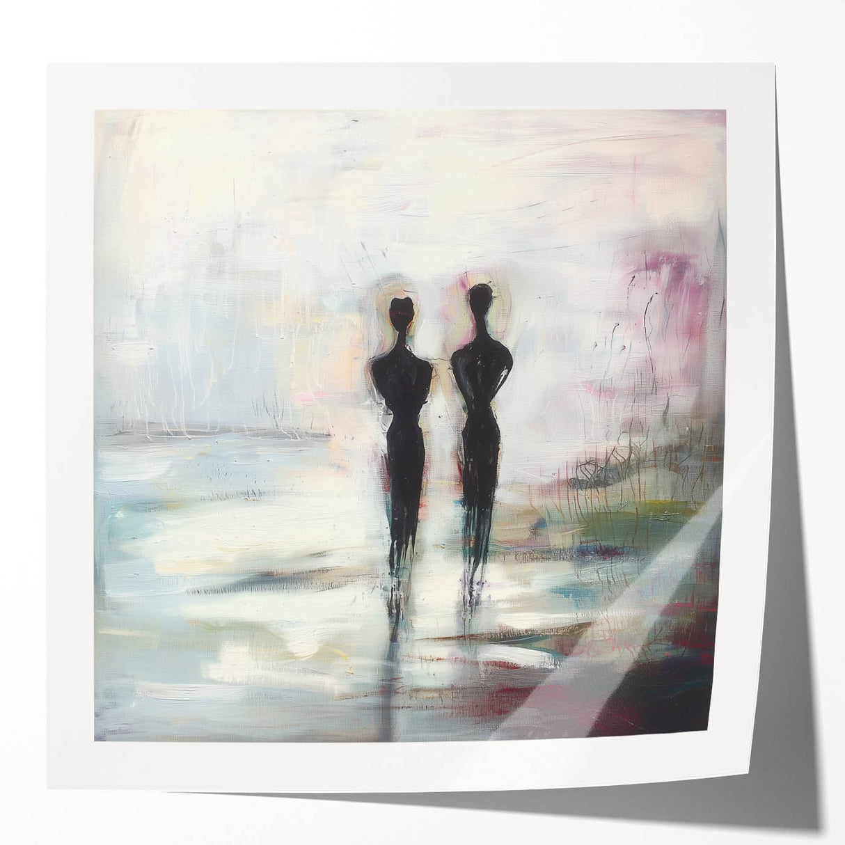 Abstract figurative art print mockup showcasing vibrant colors and modern design elements, displayed in a glossy finish to enhance visual appeal. Perfect for contemporary home decor.
