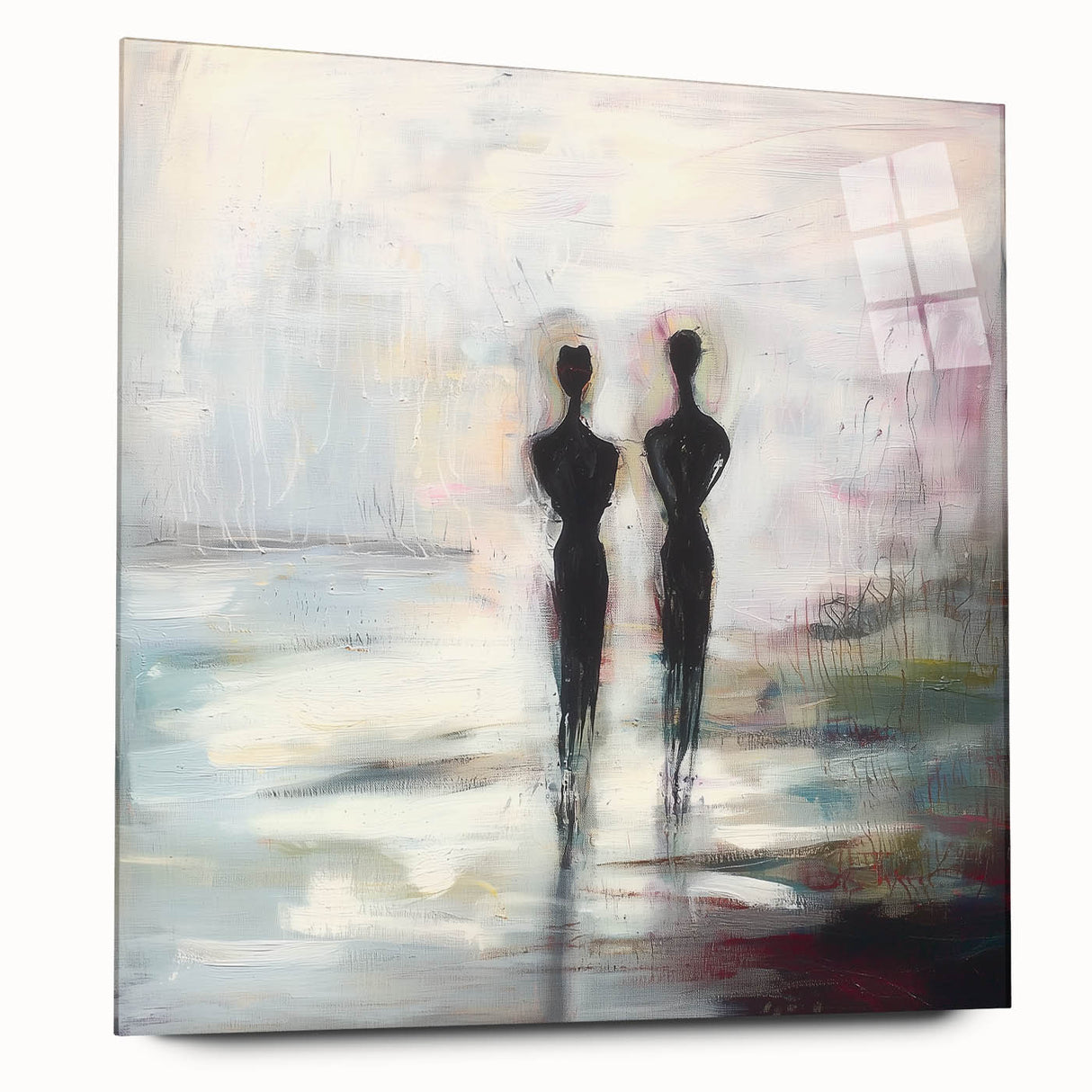 Abstract figurative acrylic artwork displayed in a glass frame, showcasing vibrant colors and fluid shapes, perfect for modern home decor or art enthusiasts.