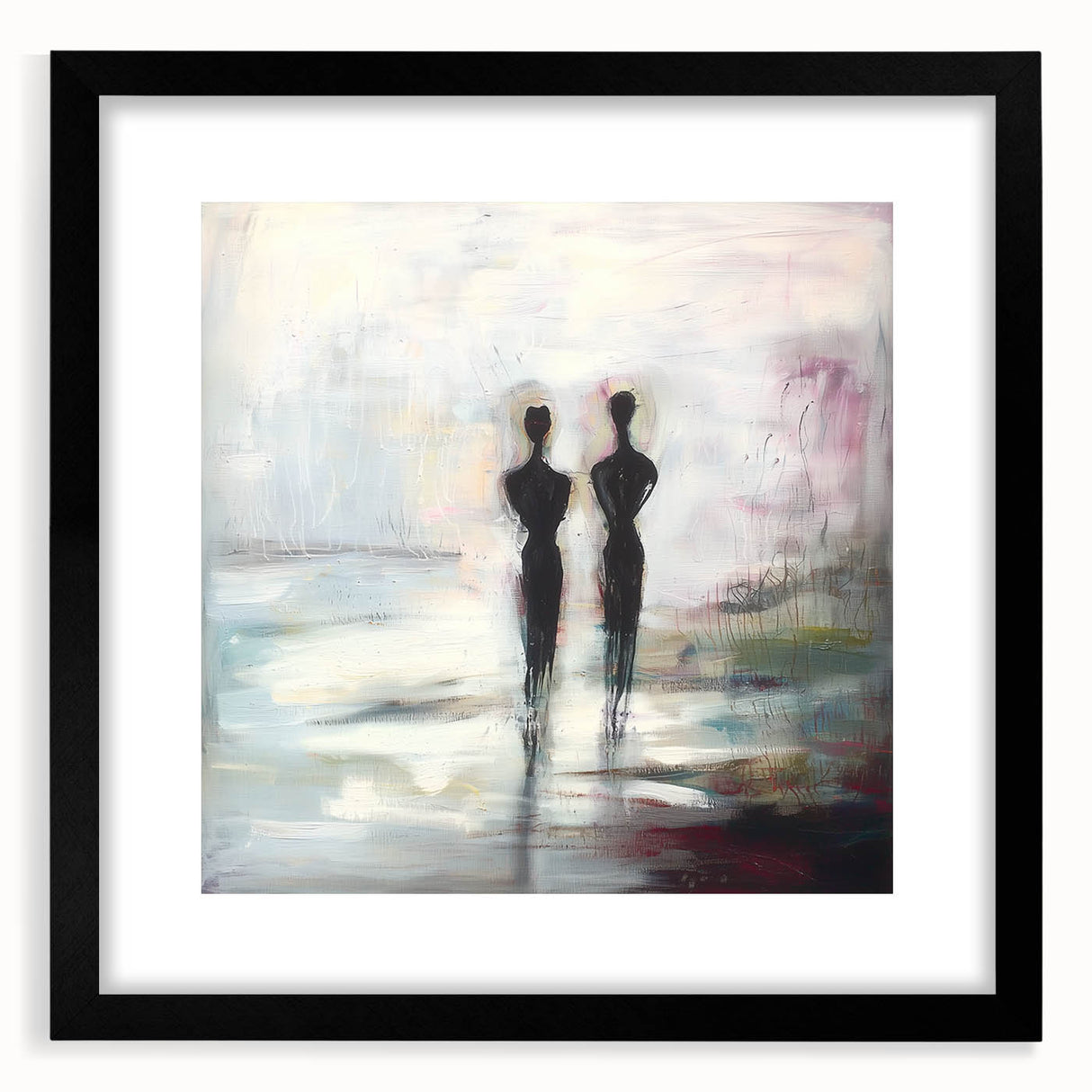 Abstract figurative artwork framed in a sleek black mat, showcasing dynamic shapes and vibrant colors, perfect for modern home décor or art enthusiasts.