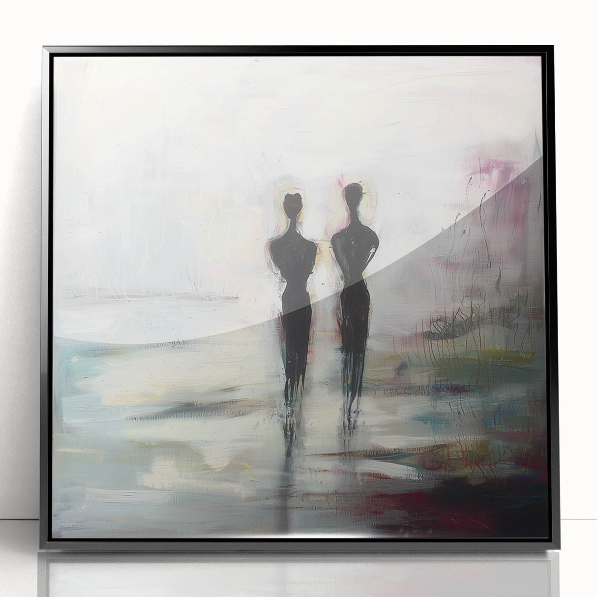 Framed abstract figurative wall art in black acrylic, showcasing dynamic shapes and bold lines, adding a modern touch to any living space decor.