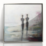 Framed abstract figurative art piece showcasing silver tones and fluid shapes, displayed against a neutral background for a modern aesthetic. Perfect for contemporary home decor.