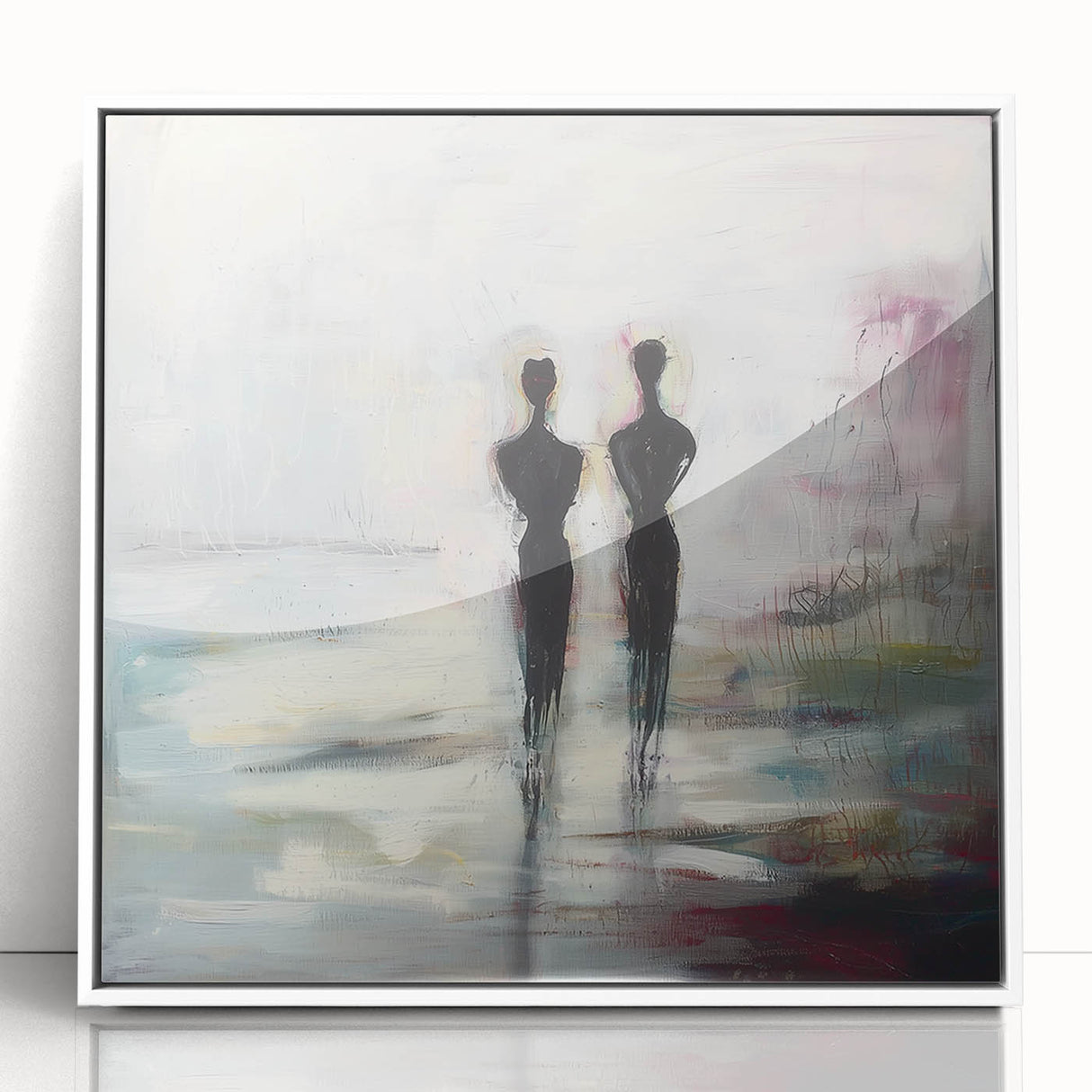 Framed abstract figurative artwork in white acrylic, showcasing vibrant colors and dynamic shapes, perfect for contemporary home decor. Ideal for modern living spaces.