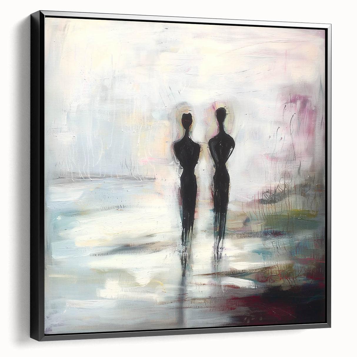 Framed abstract figurative canvas art in a sleek black frame, showcasing vibrant colors and dynamic shapes, ideal for modern home decor and artistic expression.