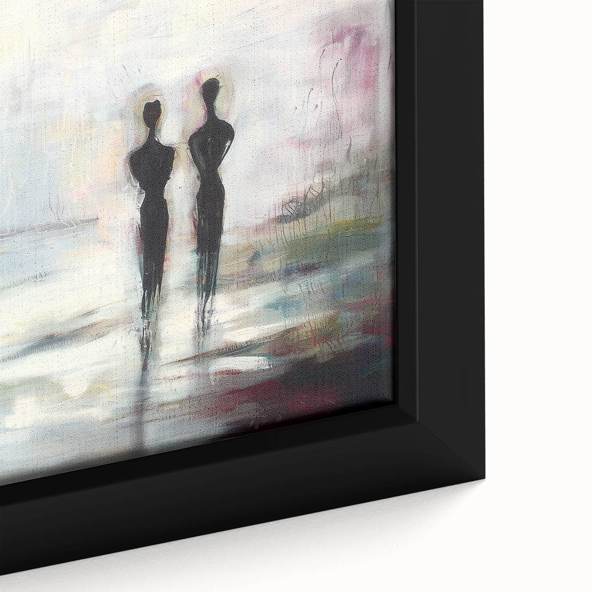 Close-up of an abstract figurative framed canvas artwork showcasing vibrant colors and intricate details, perfect for modern home decor or artistic display.