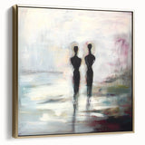 Framed abstract figurative canvas artwork in silver and gold tones, showcasing modern design elements. Perfect for enhancing contemporary home decor.