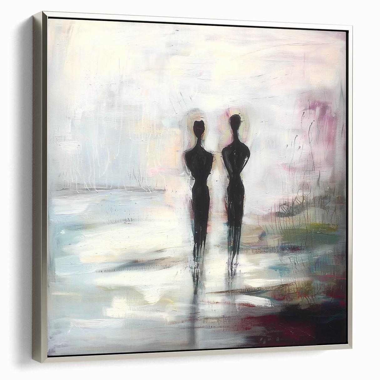 Framed abstract figurative canvas artwork with a silver frame, showcasing vibrant colors and intricate designs, perfect for modern home decor.
