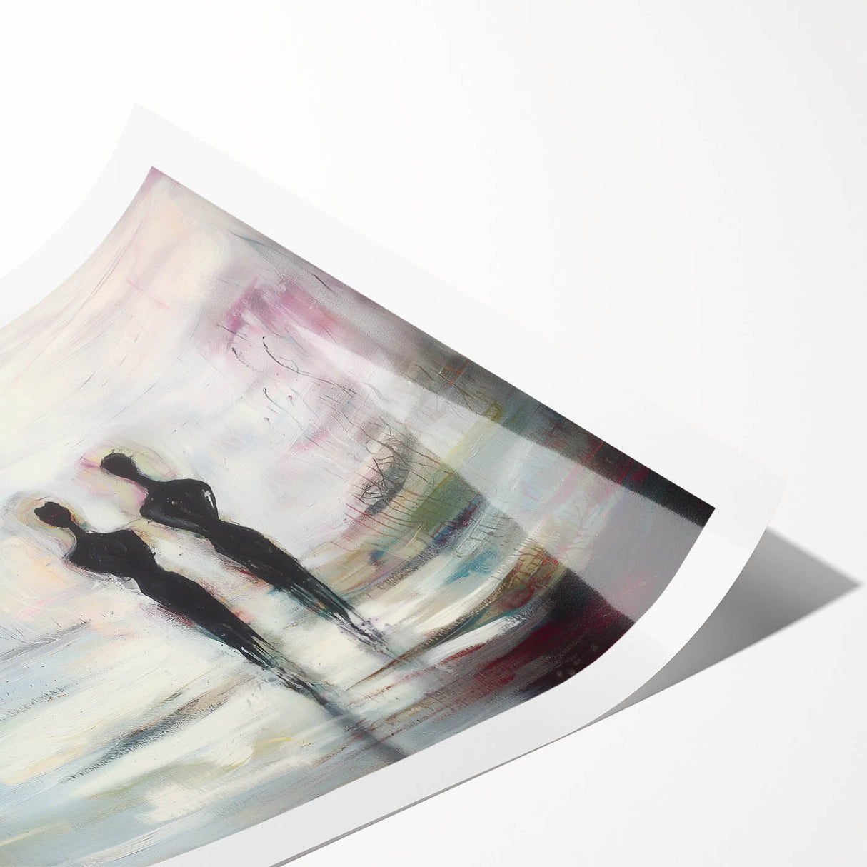 Abstract figurative art print showcasing vibrant colors and dynamic shapes, rolled for easy shipping. Perfect for modern home decor and artistic expression.