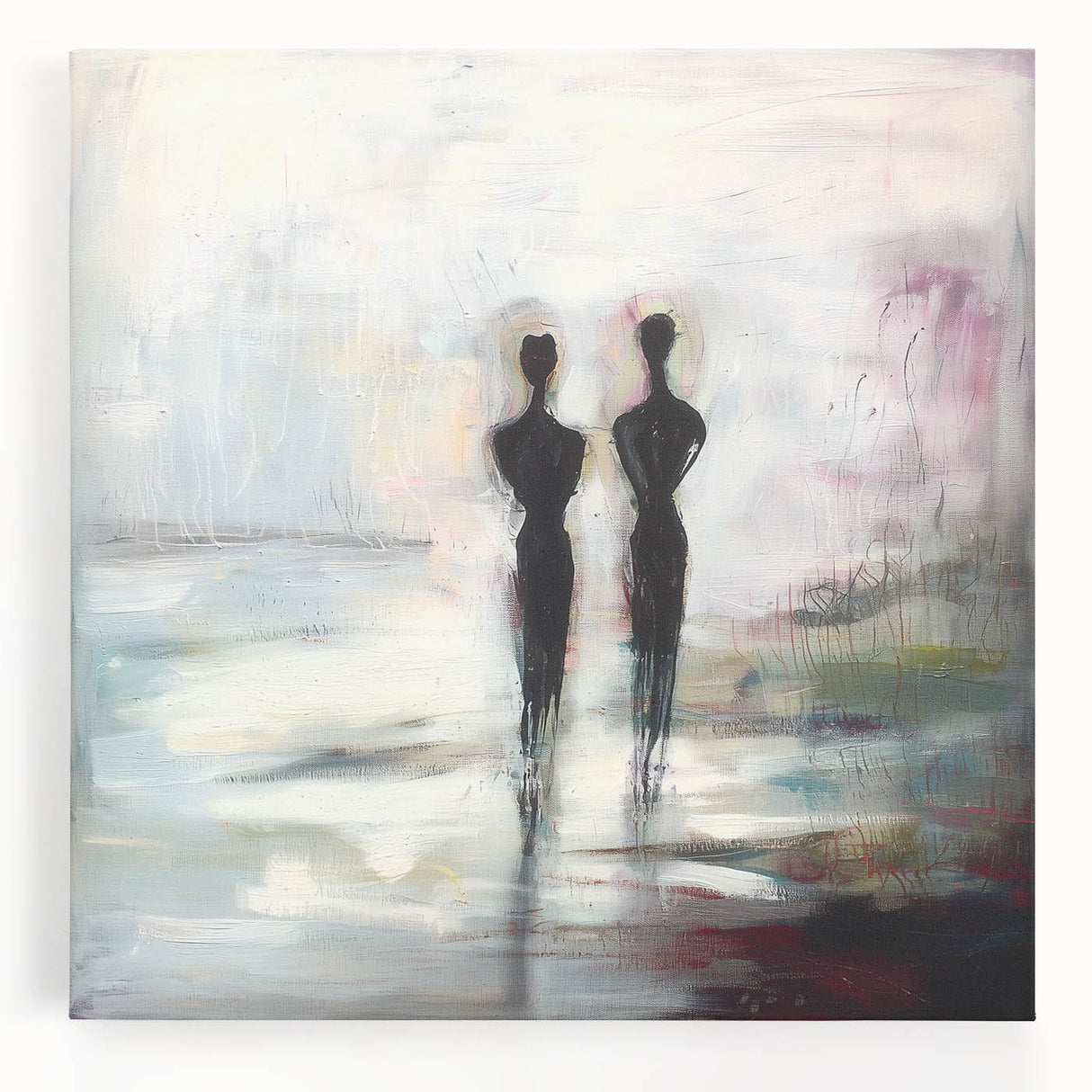 Abstract figurative stretched canvas artwork showcasing vibrant colors and dynamic shapes, perfect for modern home decor or art enthusiasts, displayed front view.