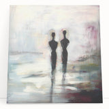 Abstract figurative stretched canvas artwork featuring vibrant colors and dynamic shapes, leaning against a neutral wall, enhancing modern interior decor.