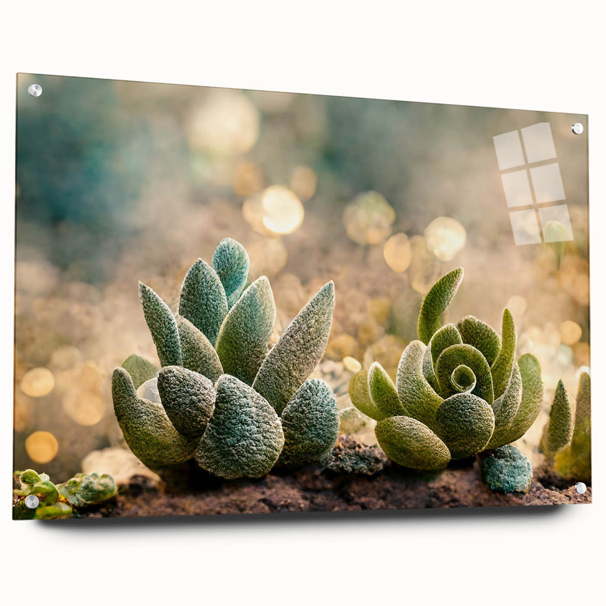 Abstract floral wall art in acrylic glass, showcasing vibrant colors and intricate patterns, displayed from a side view with visible pins for mounting.