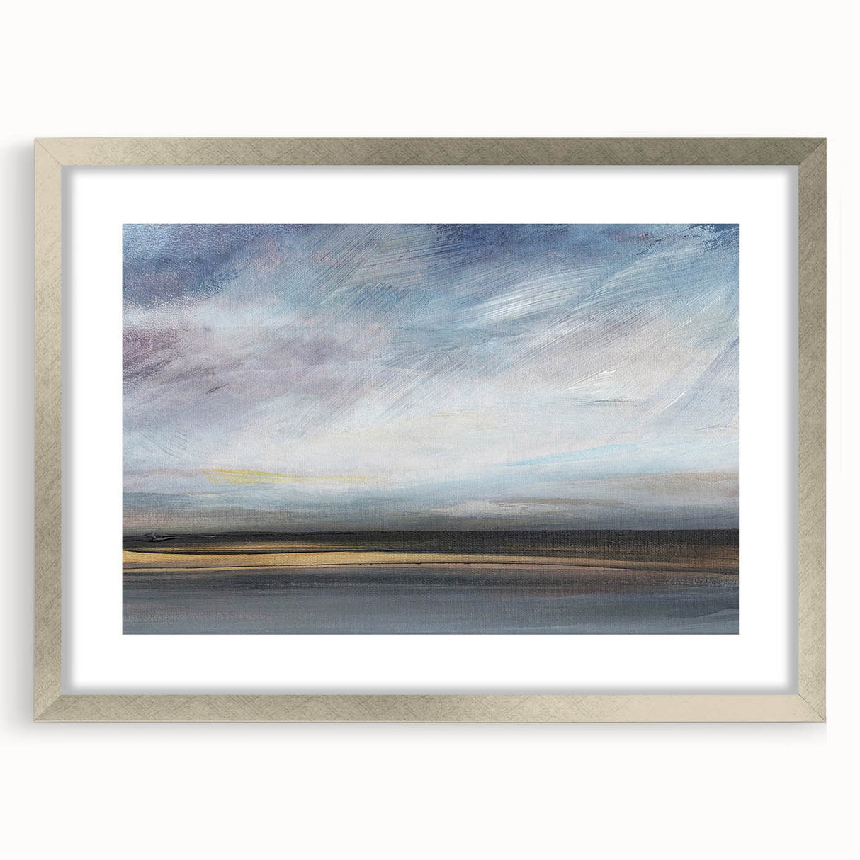 Abstract landscape wall art framed with a silver mat, showcasing vibrant hues of blue, green, and gold, perfect for modern home decor and art enthusiasts.